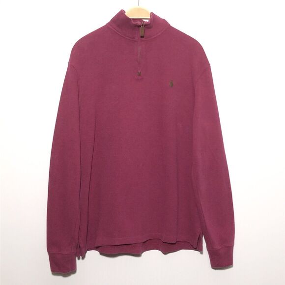 Ralph Lauren Polo Pullover Sweater Mens Large Pink Mauve 1/4 Zip Brown Pony Prep - Picture 1 of 11